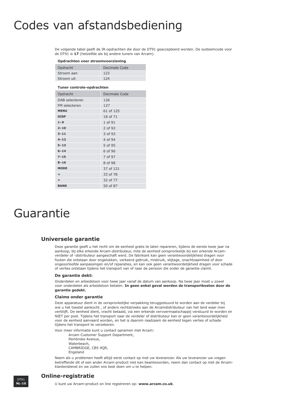 Codes van afstandsbediening, Guarantie, Universele garantie | Online-registratie | Arcam DT91 User Manual | Page 50 / 52