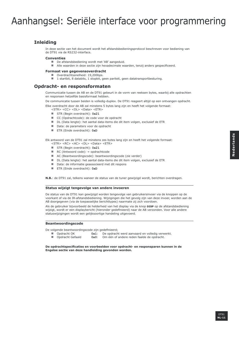 Aanhangsel: seriële interface voor programmering, Inleiding, Opdracht- en responsformaten | Aanhangsel, Seriële interface voor programmering........nl-11 | Arcam DT91 User Manual | Page 51 / 52