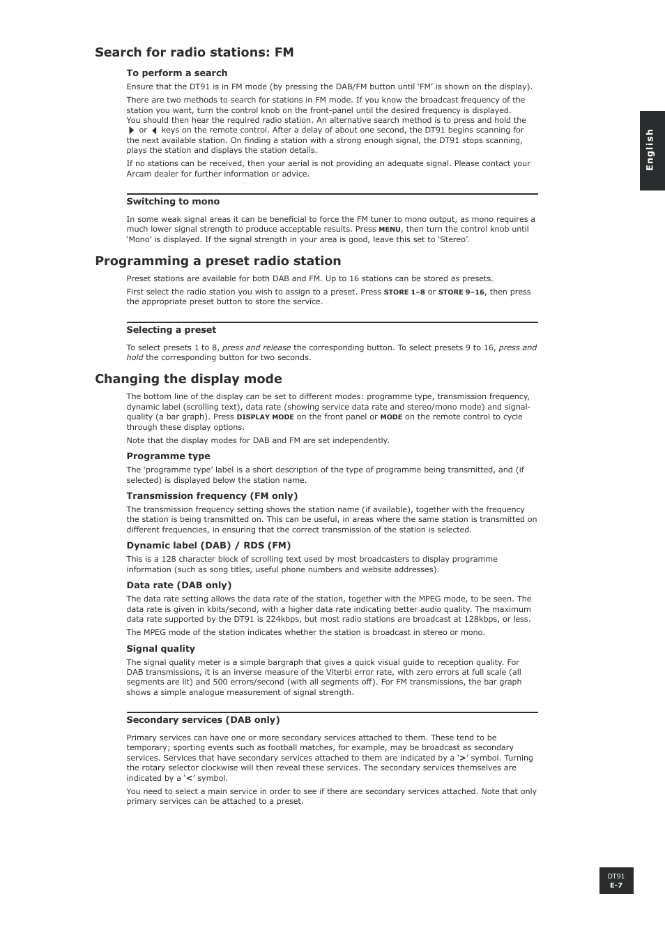 Search for radio stations: fm, Programming a preset radio station, Changing the display mode | E-7 programming a preset radio station, E-7 changing the display mode | Arcam DT91 User Manual | Page 7 / 52