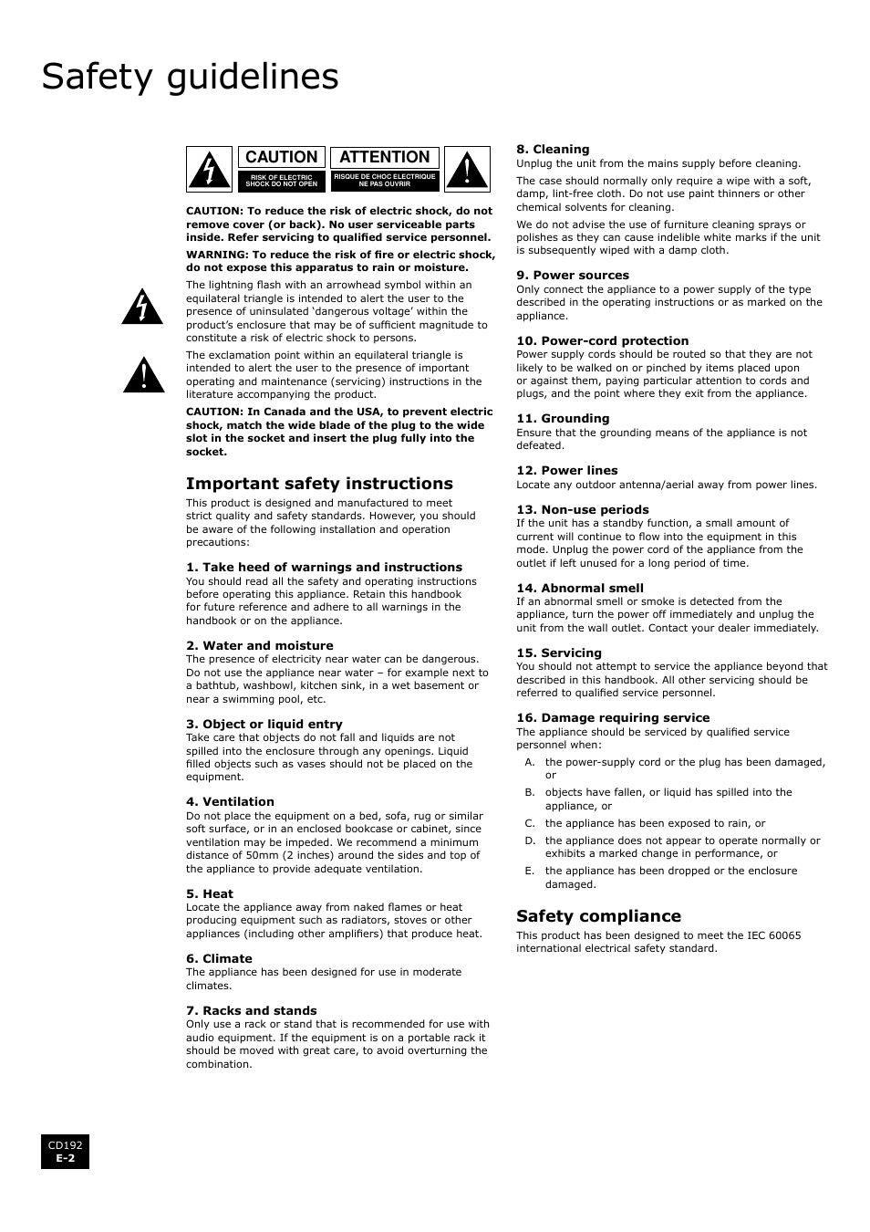 Safety guidelines, English, Important safety instructions | Safety compliance, Attention caution | Arcam Compact Disc Player CD192 User Manual | Page 2 / 9