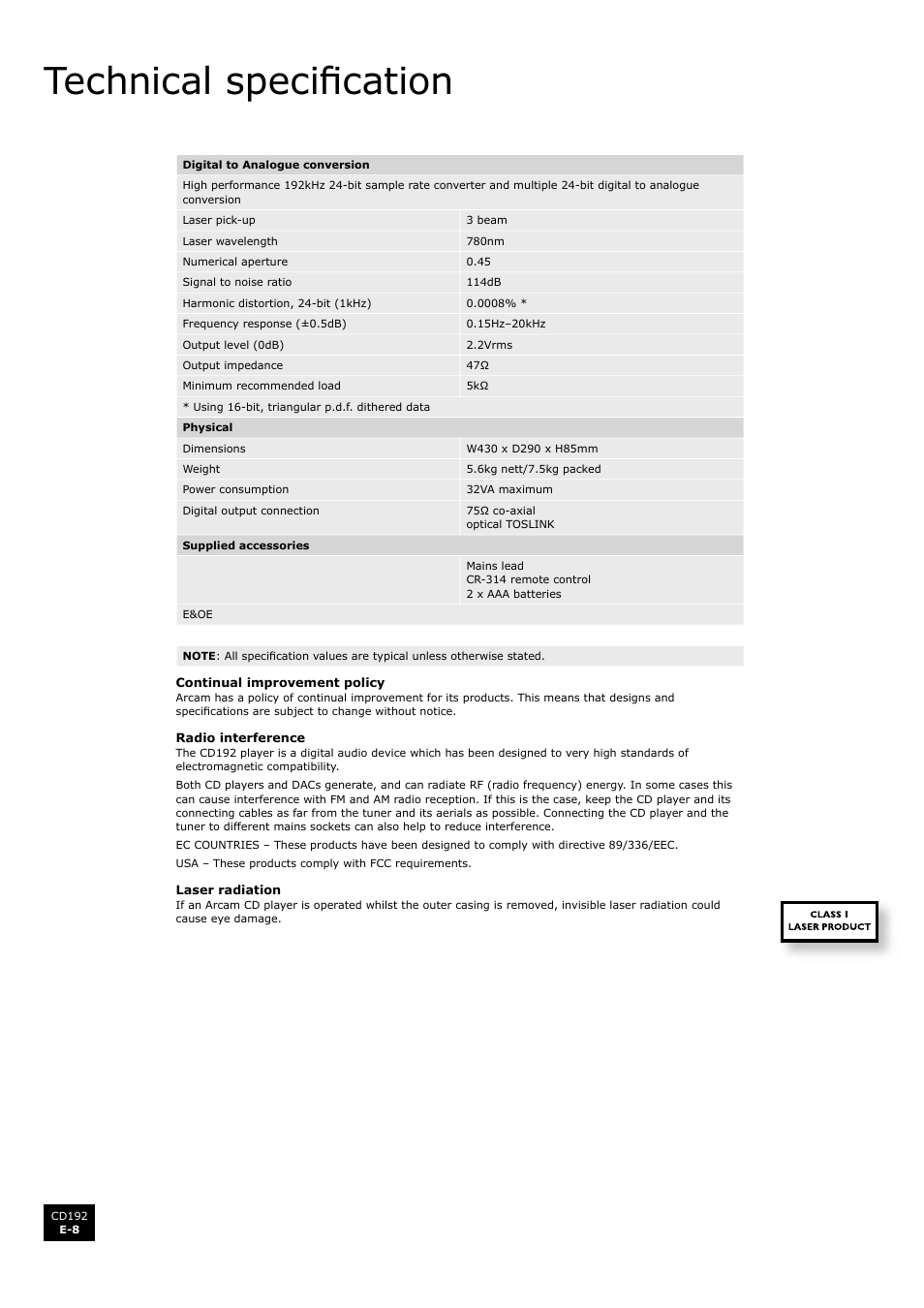 Technical specification, Technical specifi cation | Arcam Compact Disc Player CD192 User Manual | Page 8 / 9