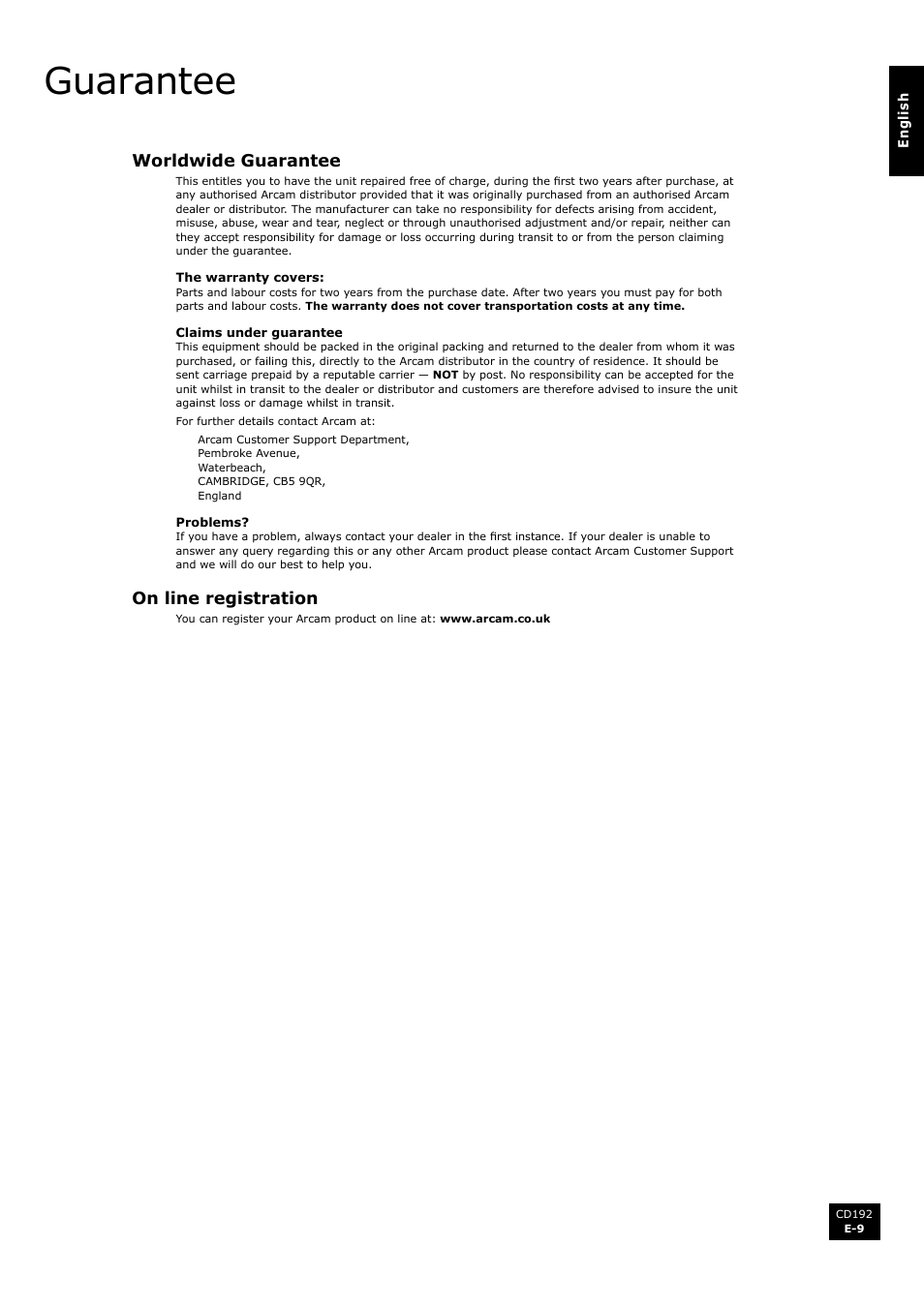 Guarantee, Worldwide guarantee, On line registration | E-9 on line registration | Arcam Compact Disc Player CD192 User Manual | Page 9 / 9