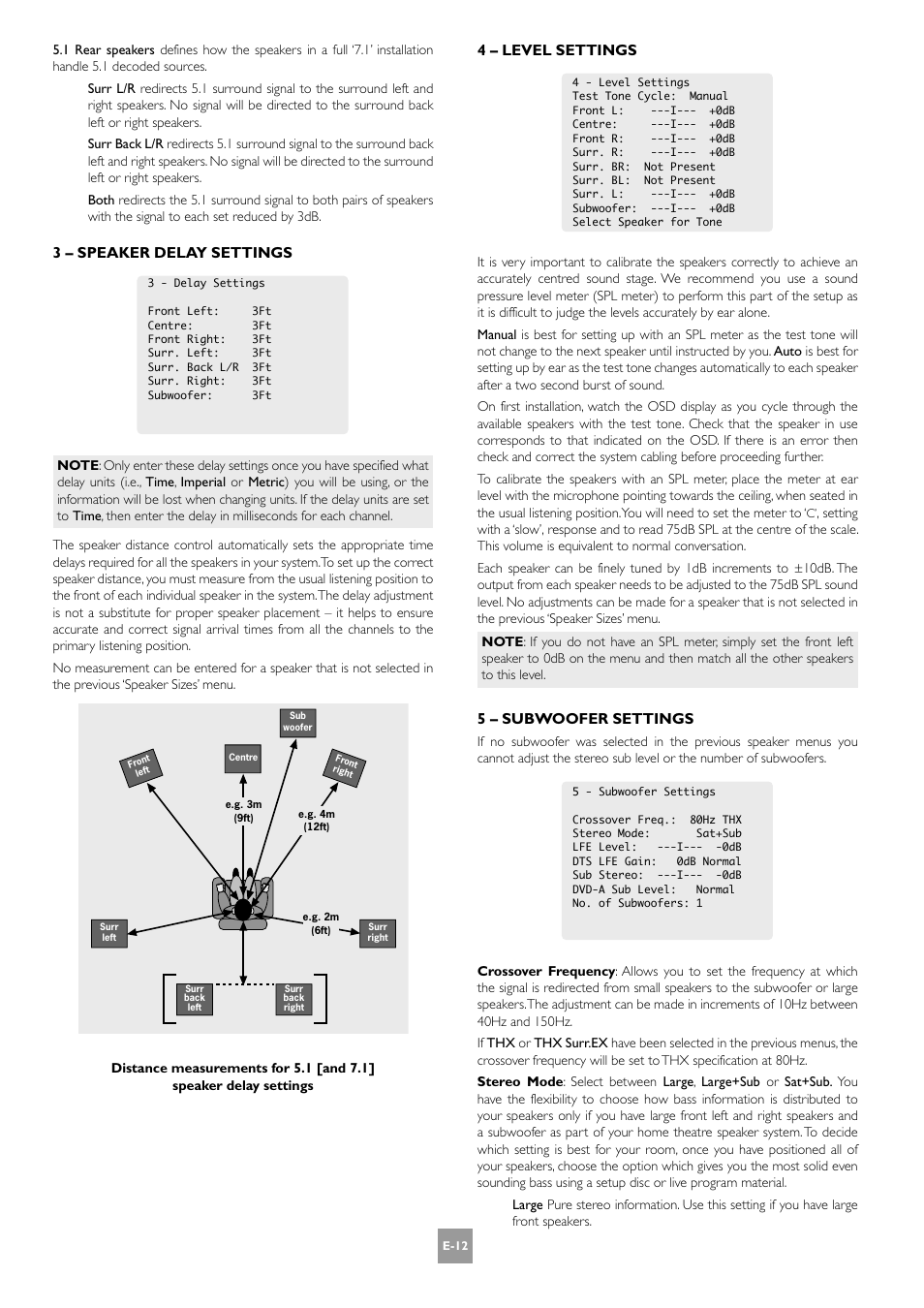 3 – speaker delay settings, 4 – level settings, 5 – subwoofer settings | Arcam AV8 PReamp Processor E-2 User Manual | Page 12 / 42