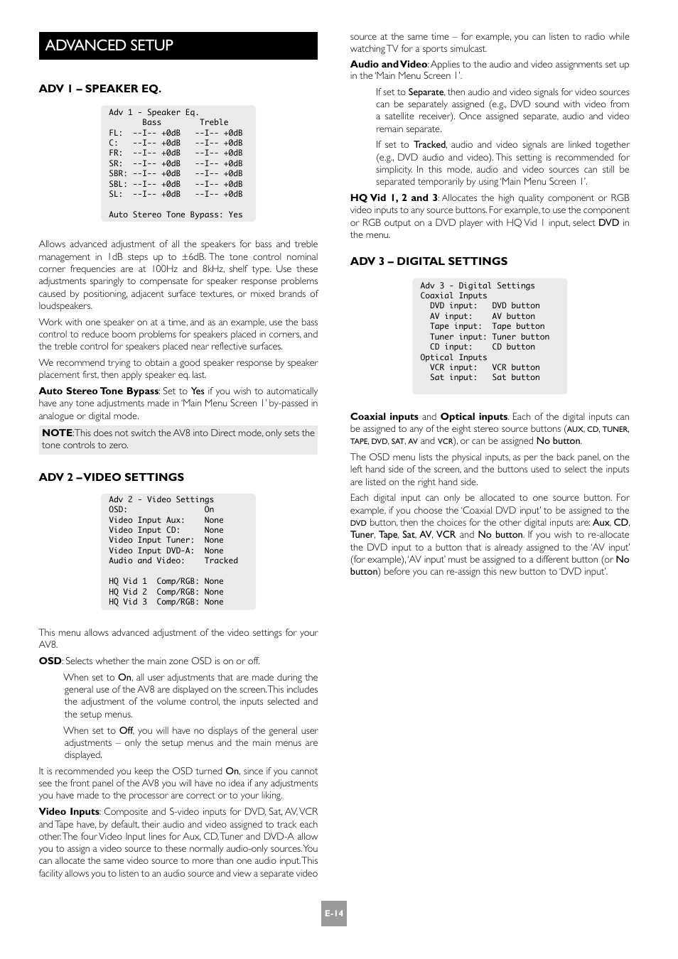 Advanced setup | Arcam AV8 PReamp Processor E-2 User Manual | Page 14 / 42