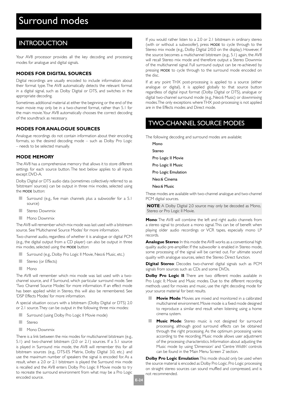 Surround modes, Introduction, Two-channel source modes | Arcam AV8 PReamp Processor E-2 User Manual | Page 24 / 42