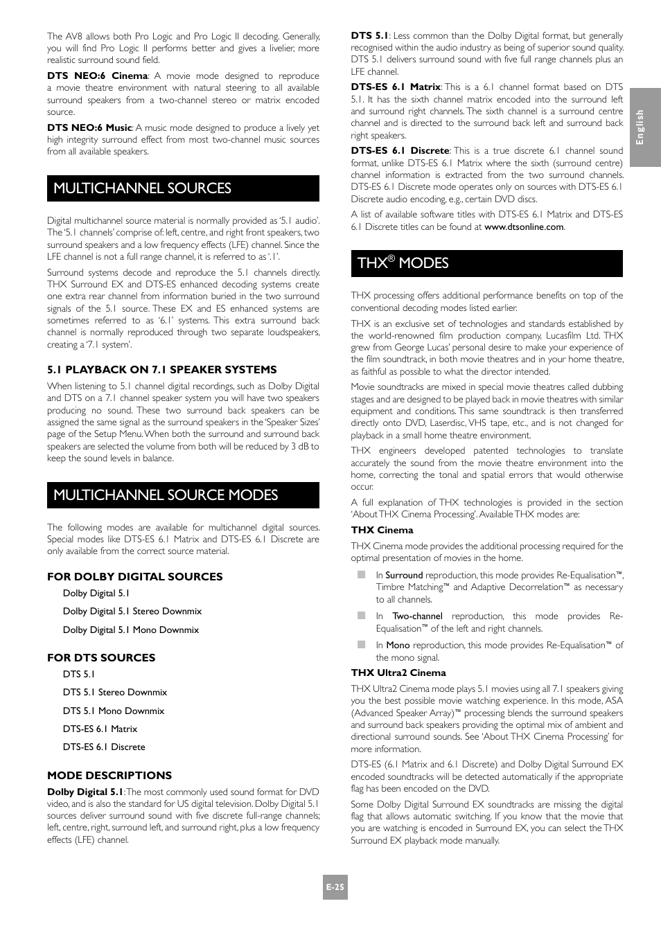 Multichannel sources, Multichannel source modes, Modes | Arcam AV8 PReamp Processor E-2 User Manual | Page 25 / 42