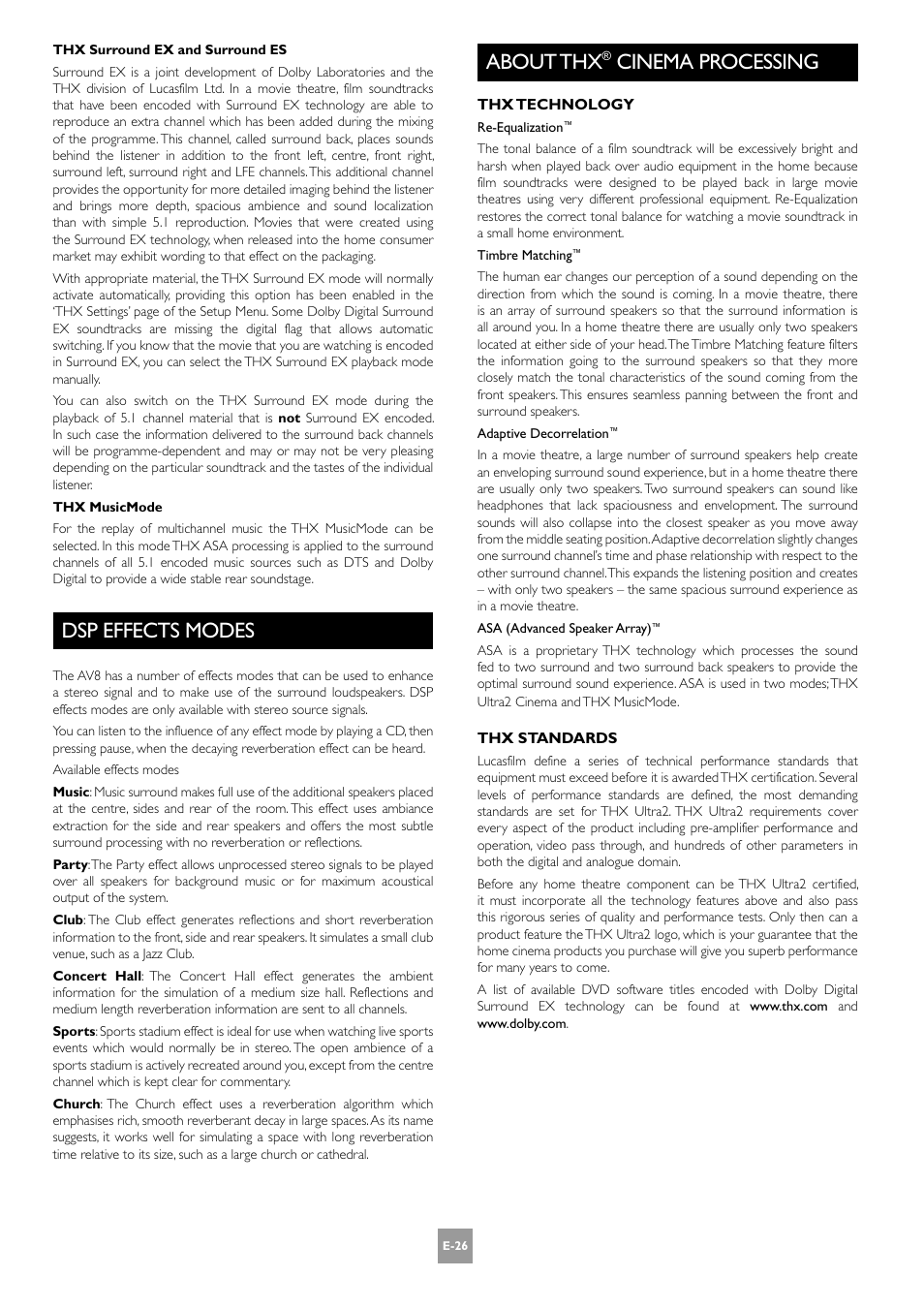 Dsp effects modes, About thx, Cinema processing | Arcam AV8 PReamp Processor E-2 User Manual | Page 26 / 42