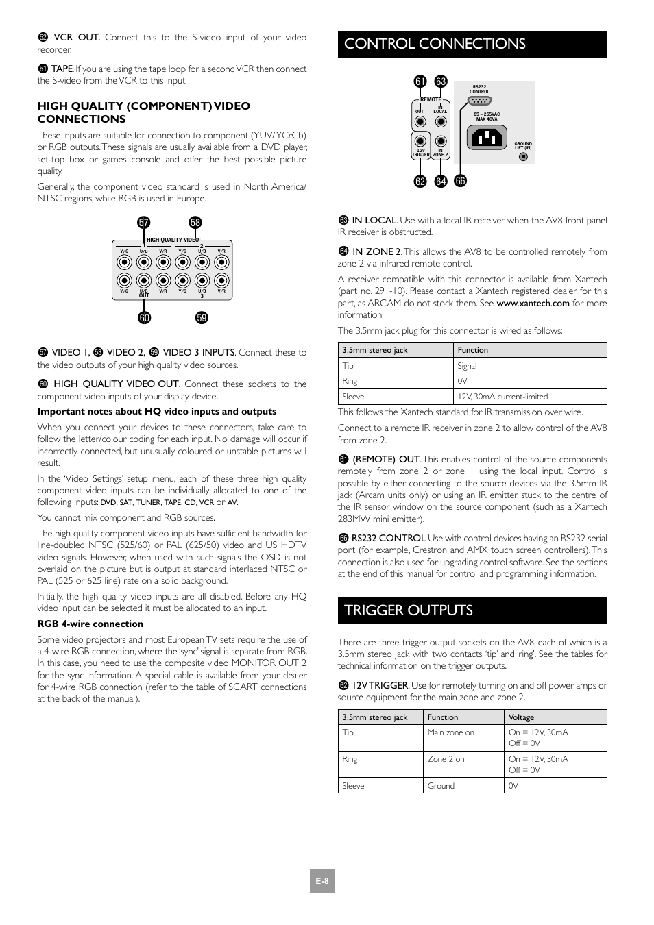 Fs ft gk, Gl gn gm go, Control connections | Trigger outputs | Arcam AV8 PReamp Processor E-2 User Manual | Page 8 / 42