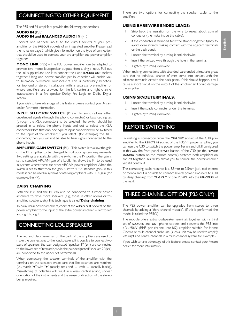 Connecting to other equipment, Connecting loudspeakers, Remote switching | Three channel option (p35 only), 11 remote switching, 11 three channel option (p35 only) | Arcam Power Amplifier P1 User Manual | Page 11 / 52