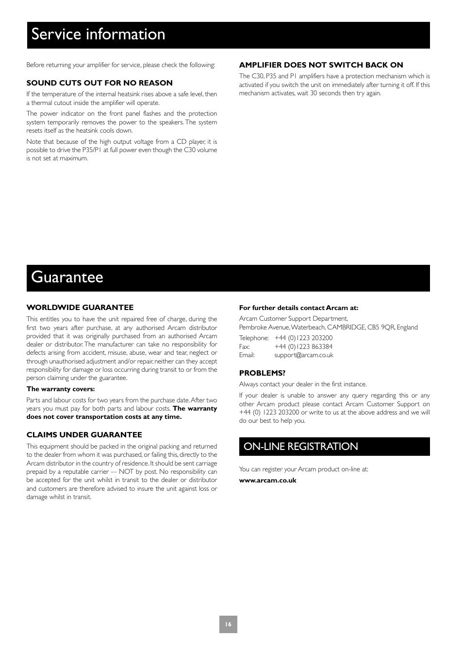 Guarantee, Service information, On-line registration | 16 service information | Arcam Power Amplifier P1 User Manual | Page 16 / 52