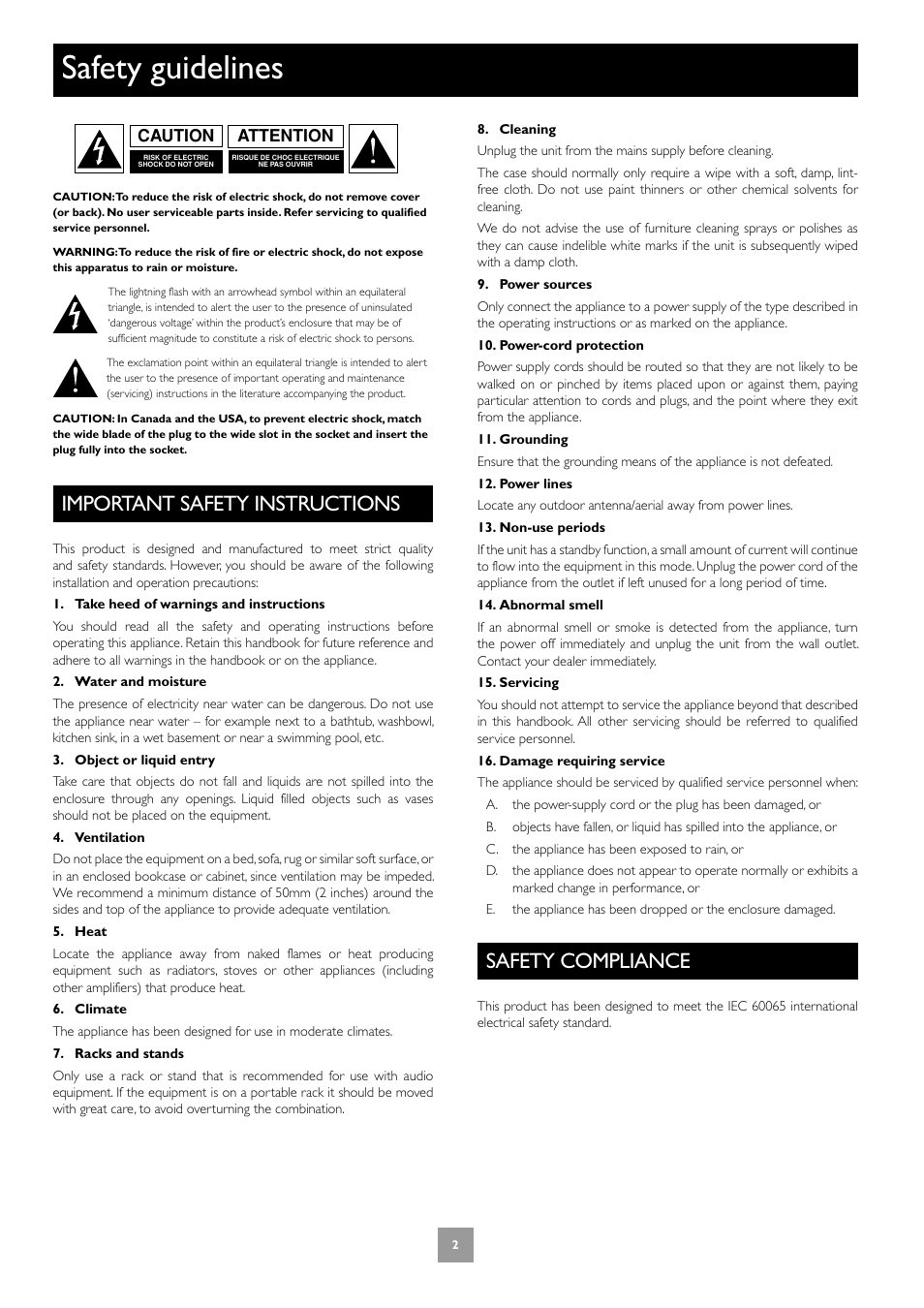 Safety guidelines, Important safety instructions, Safety compliance | Arcam Power Amplifier P1 User Manual | Page 2 / 52