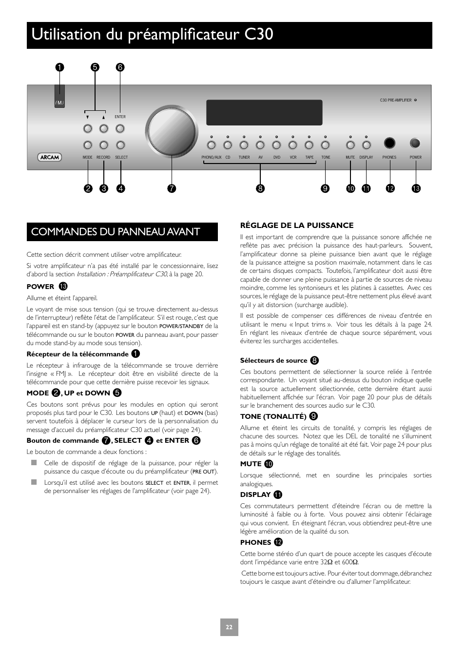 Commandes du panneau avant, Utilisation du préamplificateur c30 | Arcam Power Amplifier P1 User Manual | Page 22 / 52