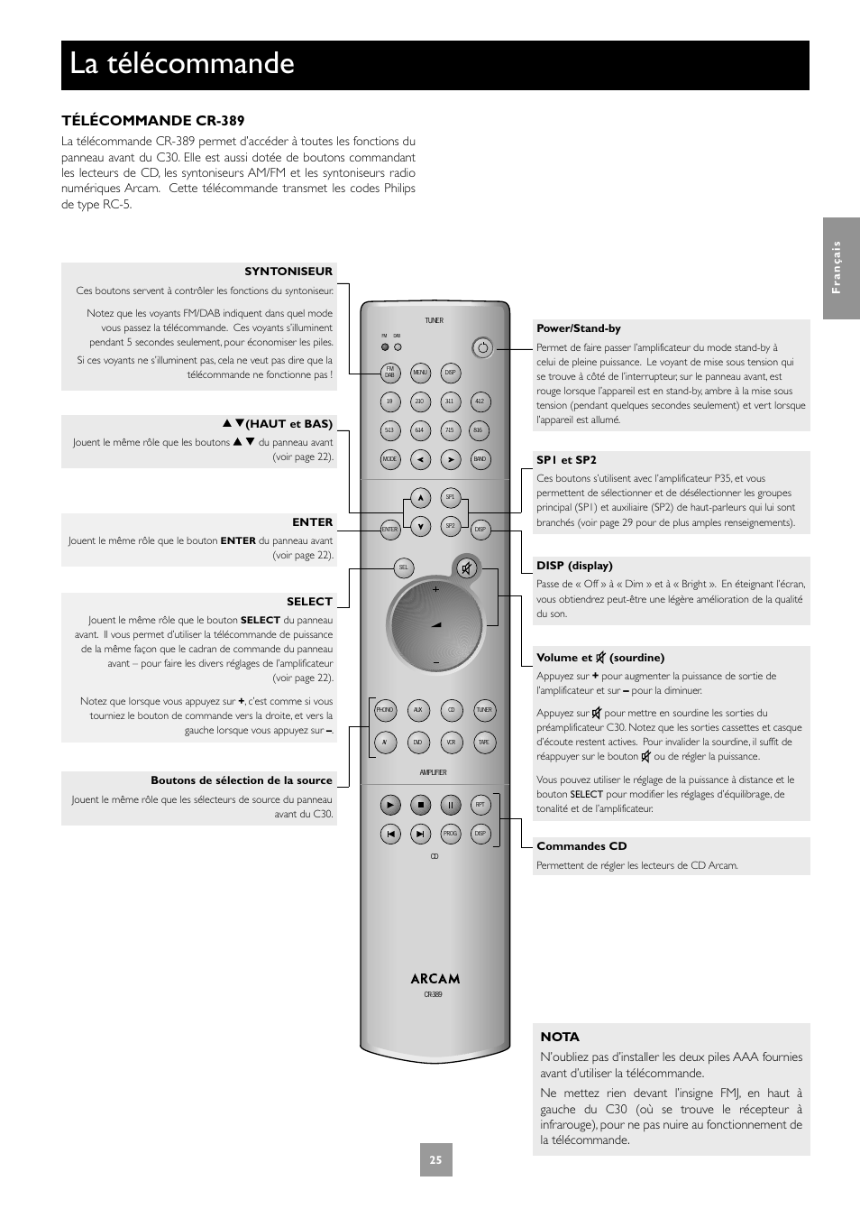 La télécommande, Télécommande cr-389 | Arcam Power Amplifier P1 User Manual | Page 25 / 52