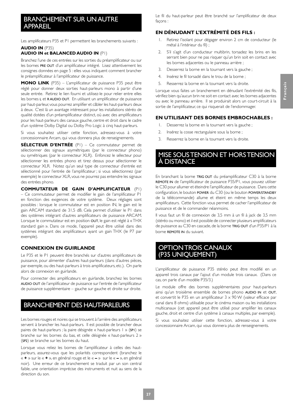 Branchement sur un autre appareil, Branchement des haut-parleurs, Mise sous tension et hors tension à distance | Option trois canaux(p35 uniquement), 27 branchement des haut-parleurs, 27 mise sous tension et hors tension à distance, 27 option trois canaux(p35 uniquement), Option trois canaux (p35 uniquement) | Arcam Power Amplifier P1 User Manual | Page 27 / 52