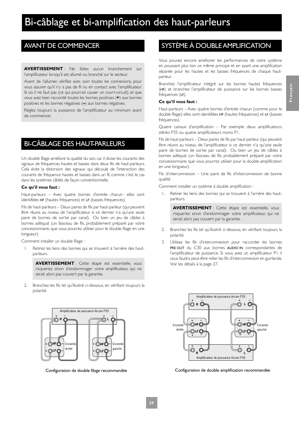 Avant de commencer, Bi-câblage des haut-parleurs, Bi-câblage et bi-amplification des haut-parleurs | Système à double amplification, 29 bi-câblage des haut-parleurs | Arcam Power Amplifier P1 User Manual | Page 29 / 52