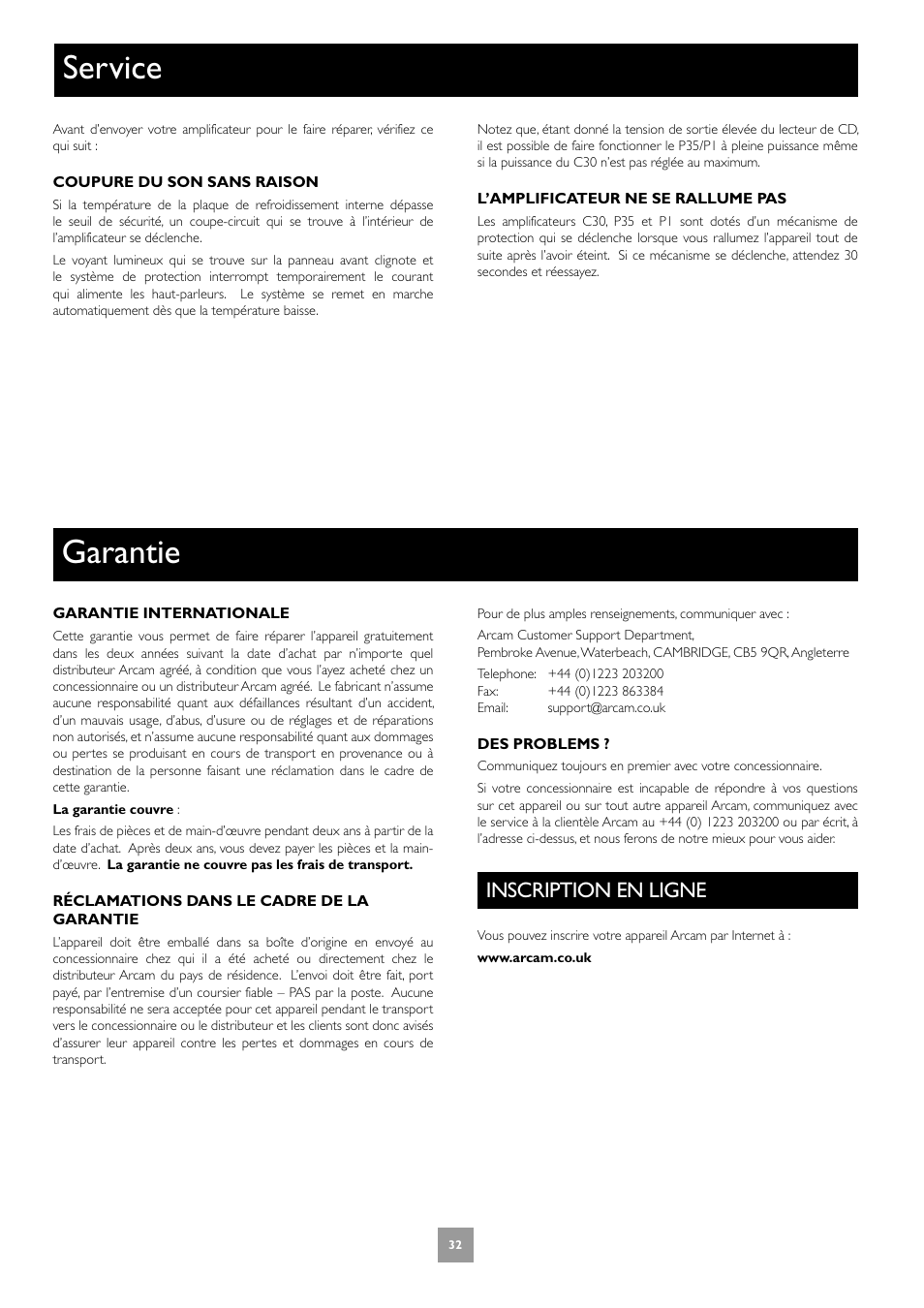 Garantie, Service, Inscription en ligne | 32 service | Arcam Power Amplifier P1 User Manual | Page 32 / 52