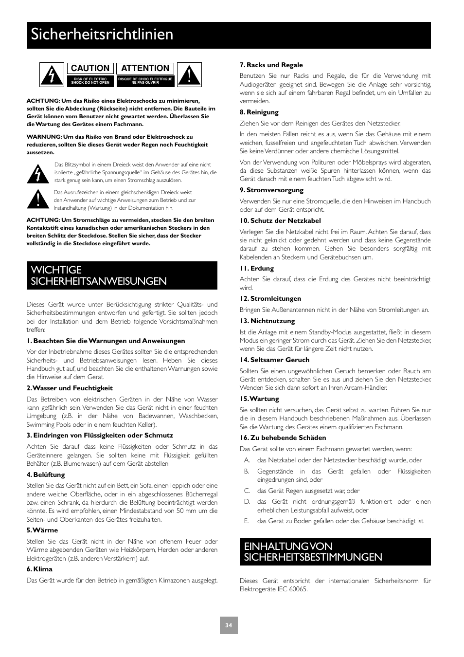 Sicherheitsrichtlinien, Wichtige sicherheitsanweisungen, Einhaltung von sicherheitsbestimmungen | Arcam Power Amplifier P1 User Manual | Page 34 / 52