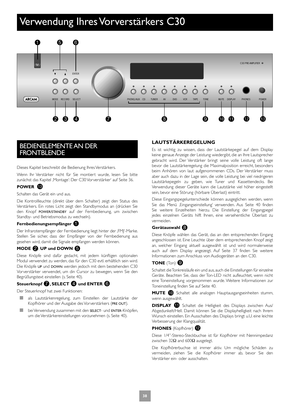Verwendung ihres vorverstärkers c30, Bedienelemente an der frontblende | Arcam Power Amplifier P1 User Manual | Page 38 / 52