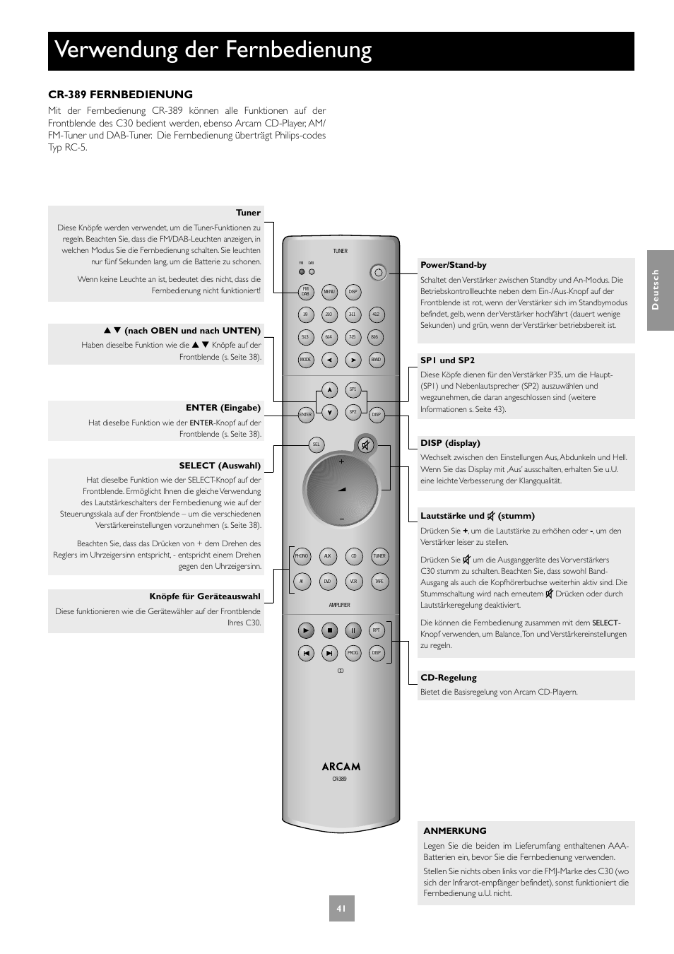 Verwendung der fernbedienung, Cr-389 fernbedienung | Arcam Power Amplifier P1 User Manual | Page 41 / 52