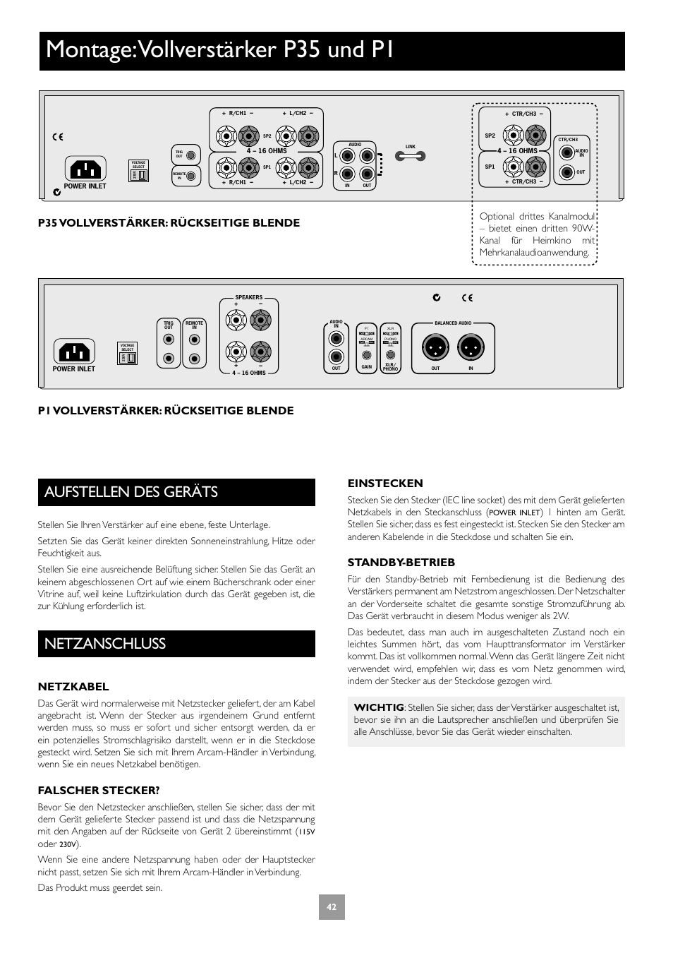 Aufstellen des geräts, Netzanschluss, Montage: vollverstärker p35 und p1 | 42 netzanschluss, Netzkabel, Falscher stecker, Einstecken, Standby-betrieb, Oder | Arcam Power Amplifier P1 User Manual | Page 42 / 52
