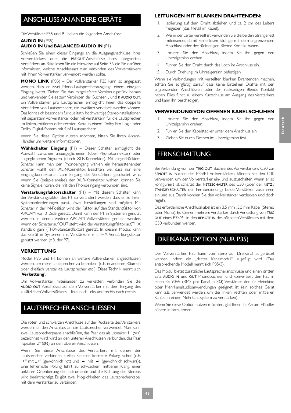 Anschluss an andere geräte, Lautsprecher anschliessen, Fernschaltung | Dreikanaloption (nur p35), 43 lautsprecher anschliessen fernschaltung, 43 dreikanaloption (nur p35) | Arcam Power Amplifier P1 User Manual | Page 43 / 52
