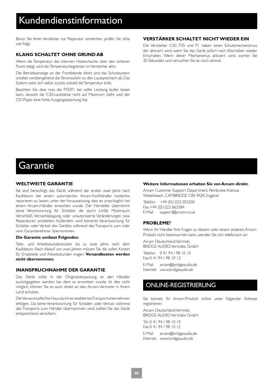 Garantie, Kundendienstinformation, Online-registrierung | 48 kundendienstinformation | Arcam Power Amplifier P1 User Manual | Page 48 / 52