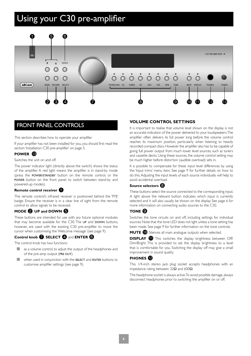Front panel controls, Using your c30 pre-amplifier | Arcam Power Amplifier P1 User Manual | Page 6 / 52