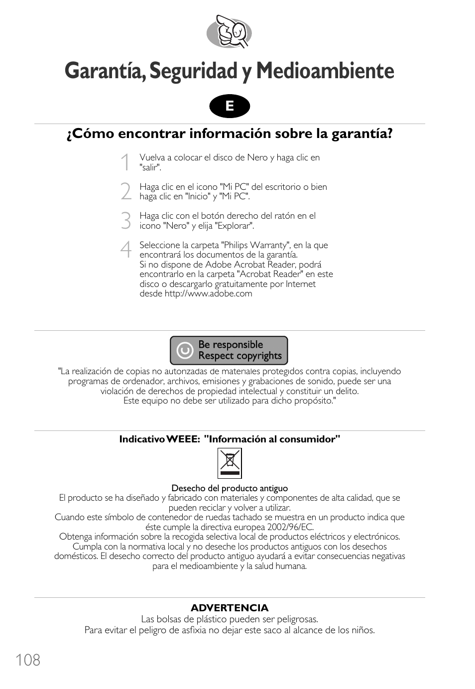 Garantía,seguridad y medioambiente, Cómo encontrar información sobre la garantía | Philips Lecteur interne User Manual | Page 108 / 116