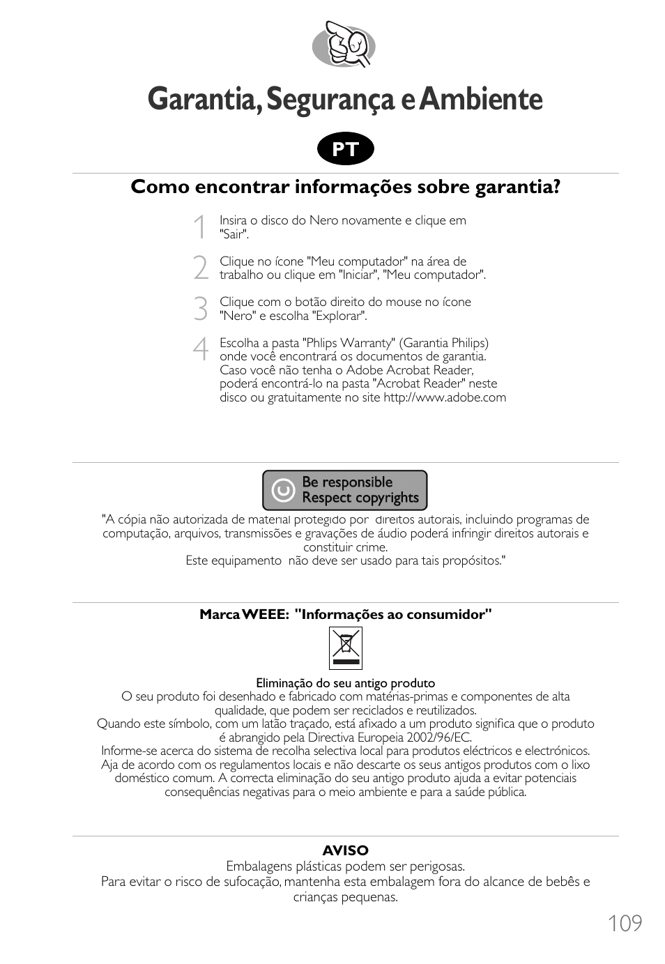 Garantia,segurança e ambiente, Como encontrar informações sobre garantia | Philips Lecteur interne User Manual | Page 109 / 116