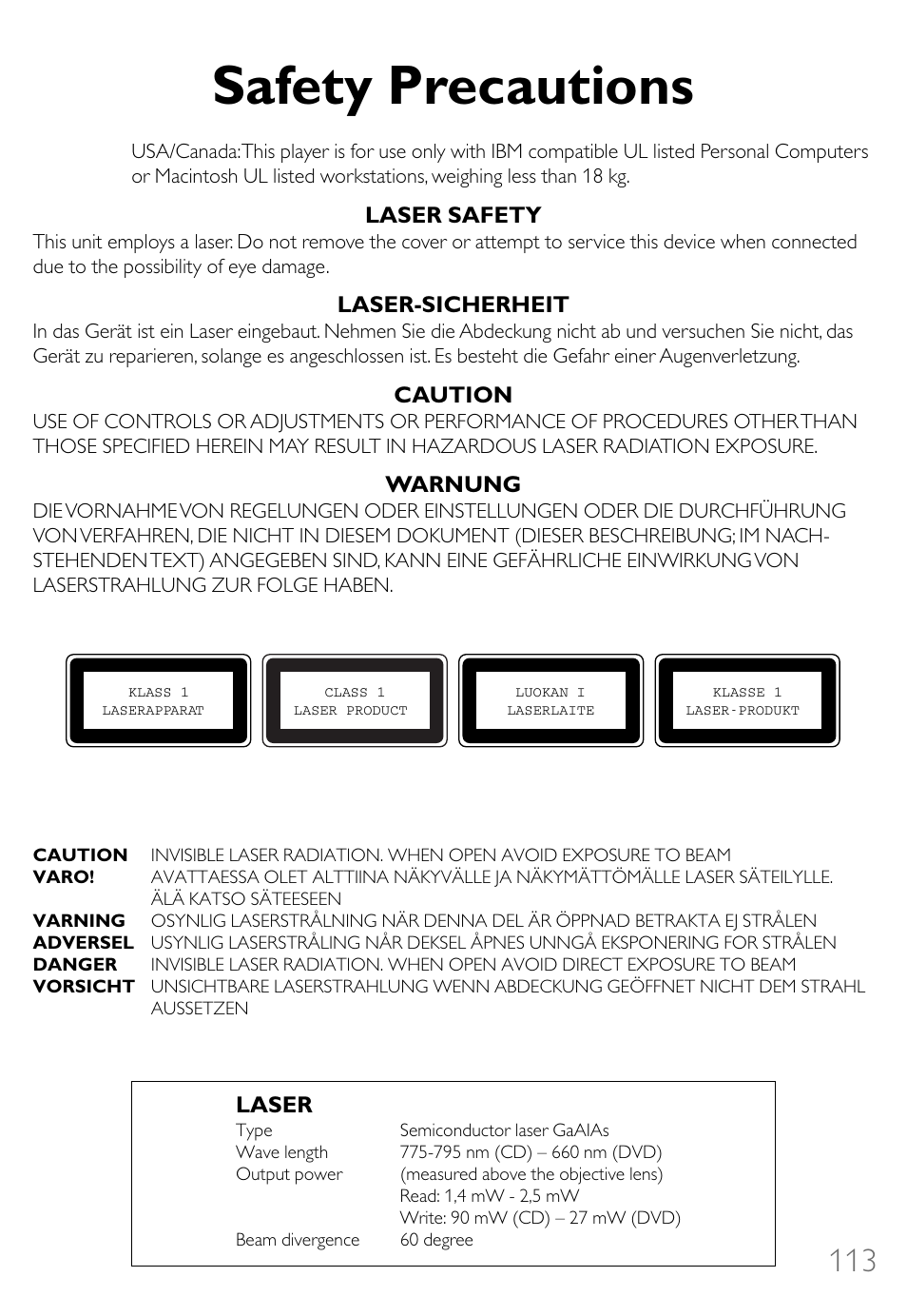 Safety precautions, Laser safety, Laser-sicherheit | Caution, Warnung, Laser | Philips Lecteur interne User Manual | Page 113 / 116