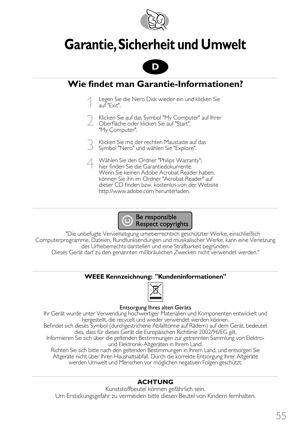 Garantie,sicherheit und umwelt, Wie findet man garantie-informationen | Philips Lecteur interne User Manual | Page 55 / 116