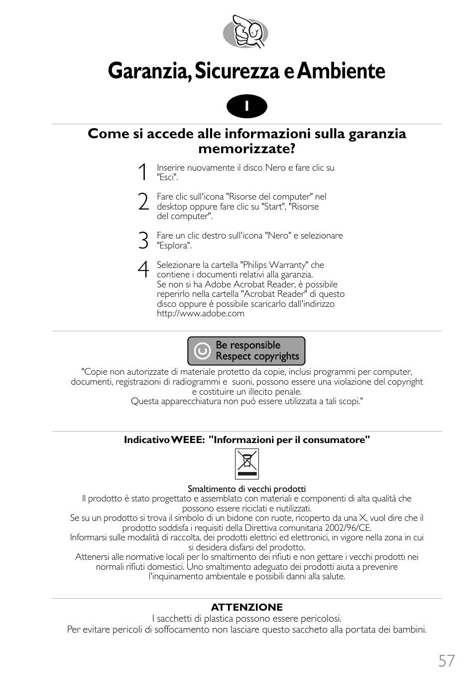 Garanzia,sicurezza e ambiente | Philips Lecteur interne User Manual | Page 57 / 116