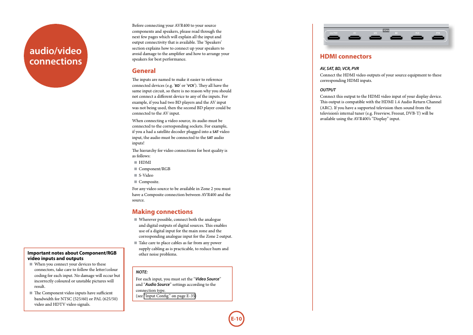 Audio/video connections .................... e-10, Audio/video connections, General | Making connections, Hdmi connectors | Arcam AVR	surround	amplifier AVR400 User Manual | Page 12 / 68