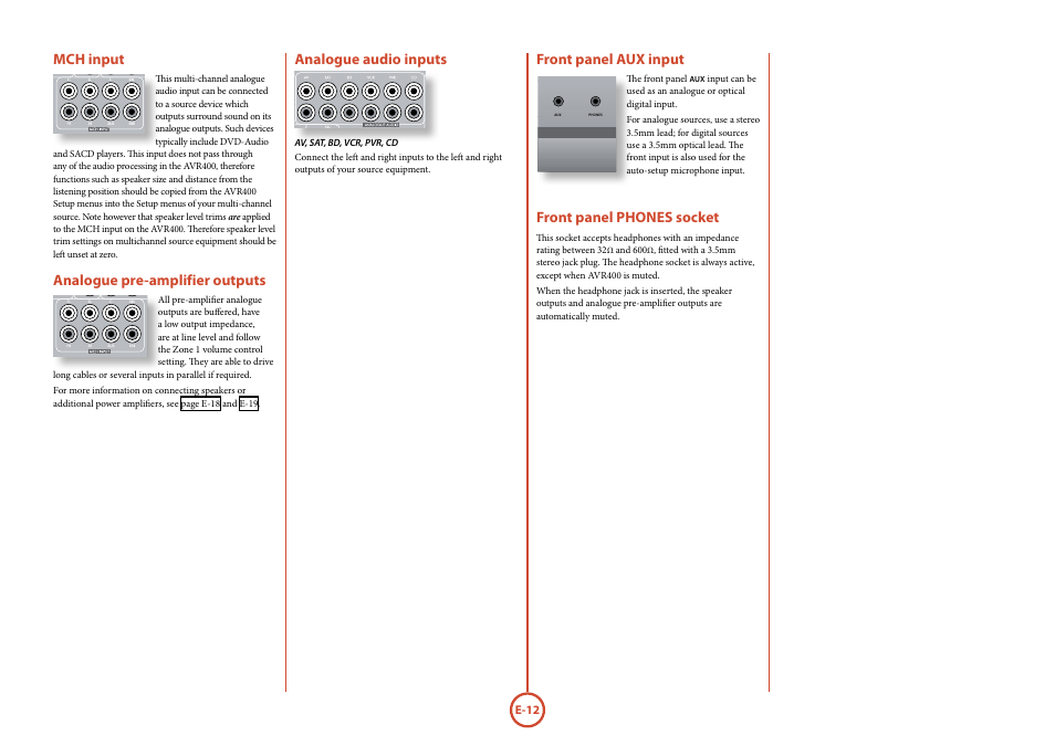 Analogue audio inputs, Mch input, Analogue pre-amplifier outputs | Front panel aux input, Front panel phones socket | Arcam AVR	surround	amplifier AVR400 User Manual | Page 14 / 68