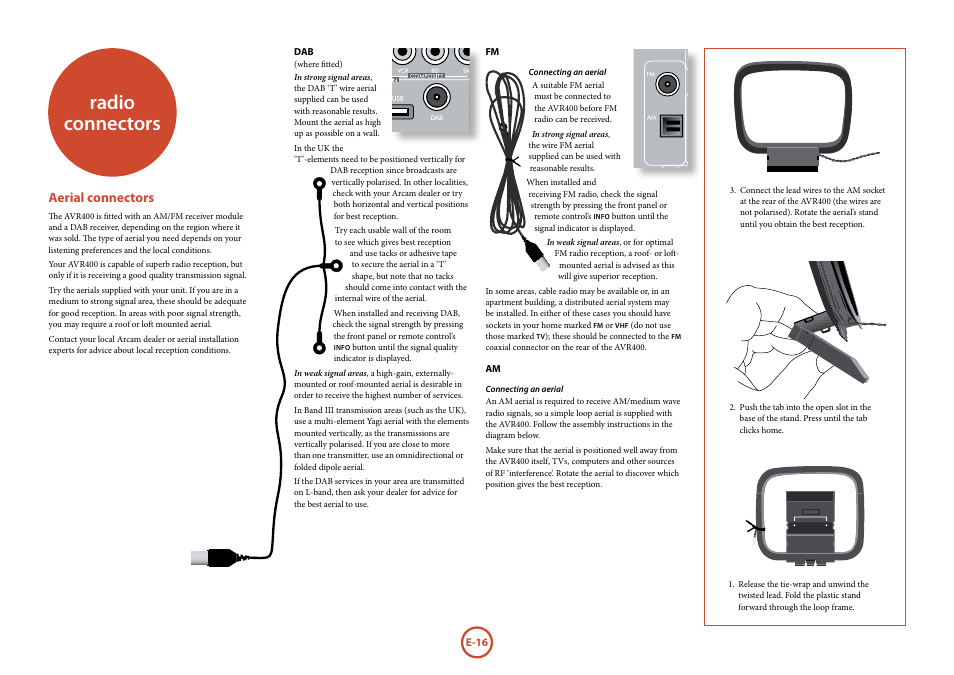 Radio connectors, Aerial connectors | Arcam AVR	surround	amplifier AVR400 User Manual | Page 18 / 68