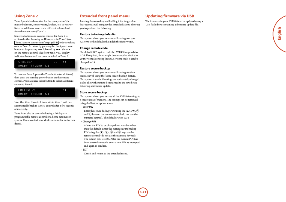 English using zone 2, Extended front panel menu, Updating firmware via usb | Arcam AVR	surround	amplifier AVR400 User Manual | Page 23 / 68