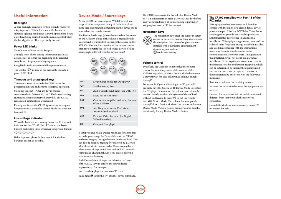 Useful information, Device mode / source keys | Arcam AVR	surround	amplifier AVR400 User Manual | Page 26 / 68