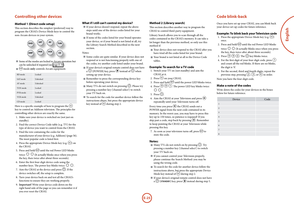 English controlling other devices, Code blink-back | Arcam AVR	surround	amplifier AVR400 User Manual | Page 27 / 68