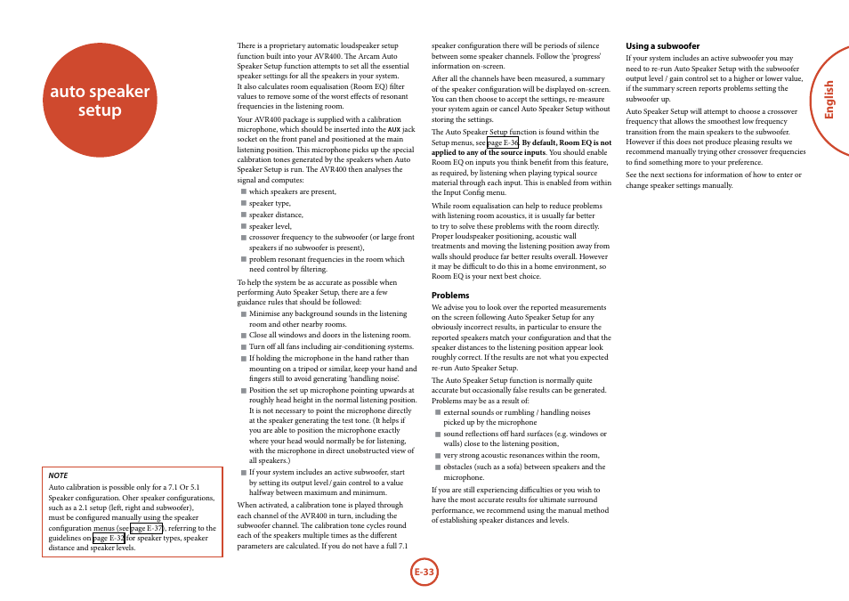 Auto speaker setup, English | Arcam AVR	surround	amplifier AVR400 User Manual | Page 35 / 68
