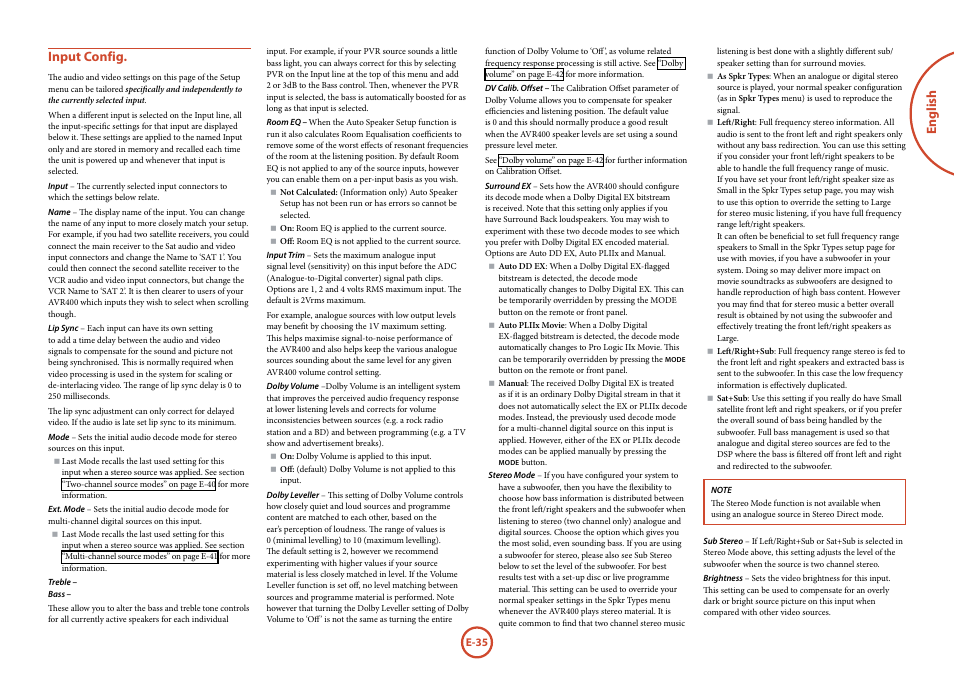 English input config | Arcam AVR	surround	amplifier AVR400 User Manual | Page 37 / 68