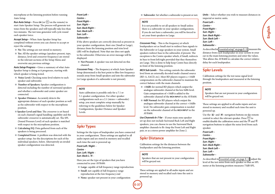 English, Spkr types, Spkr distance | Spkr levels | Arcam AVR	surround	amplifier AVR400 User Manual | Page 39 / 68