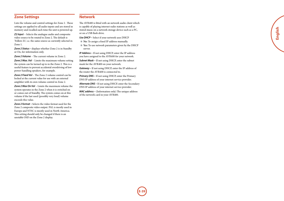English zone settings, Network | Arcam AVR	surround	amplifier AVR400 User Manual | Page 41 / 68
