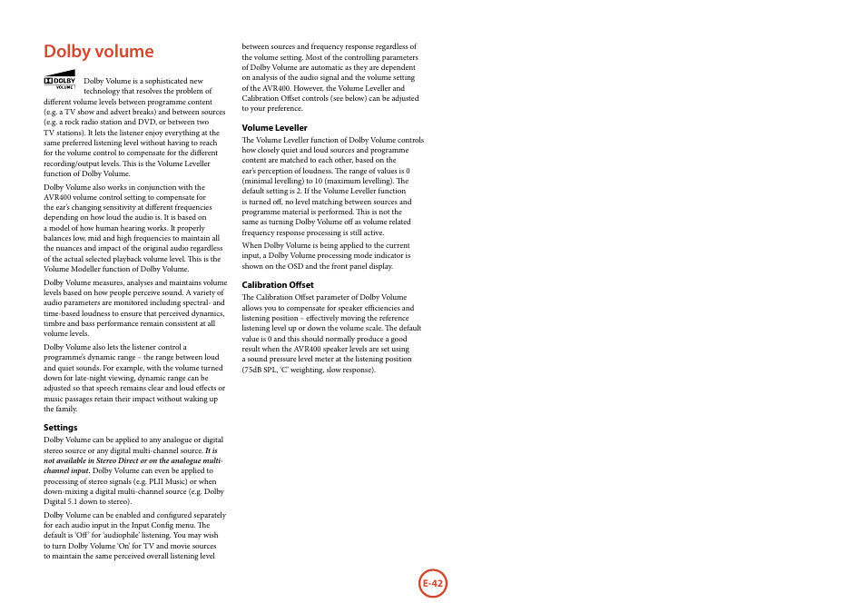 Dolby, Dolby volume | Arcam AVR	surround	amplifier AVR400 User Manual | Page 44 / 68
