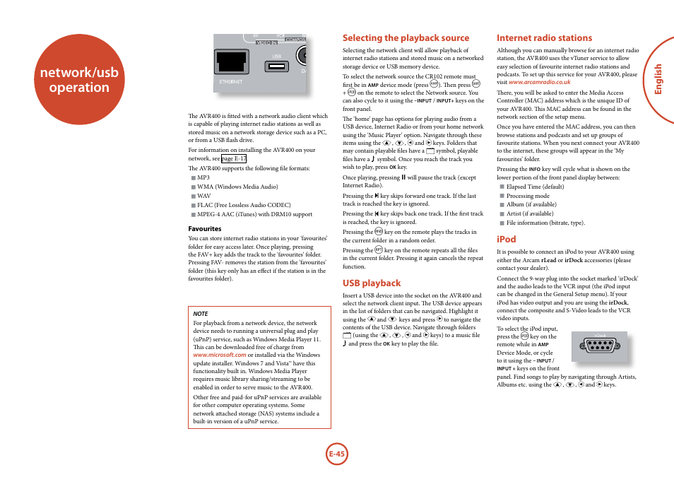 Network/usb operation....................... e-45, Network/usb operation, English | Selecting the playback source, Usb playback, Internet radio stations, Ipod | Arcam AVR	surround	amplifier AVR400 User Manual | Page 47 / 68