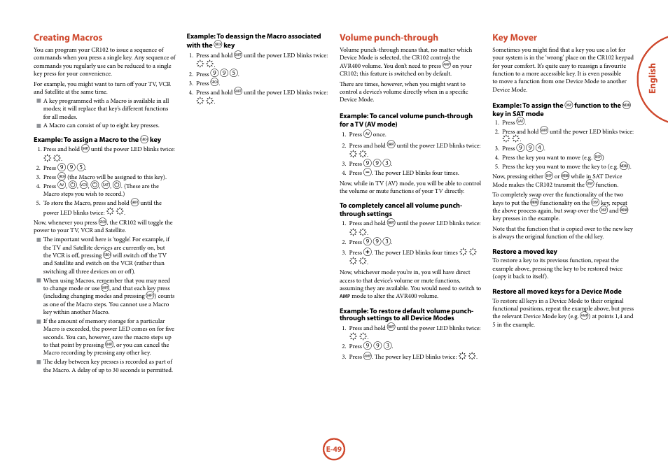 English, Volume punch-through, Key mover | Creating macros | Arcam AVR	surround	amplifier AVR400 User Manual | Page 51 / 68