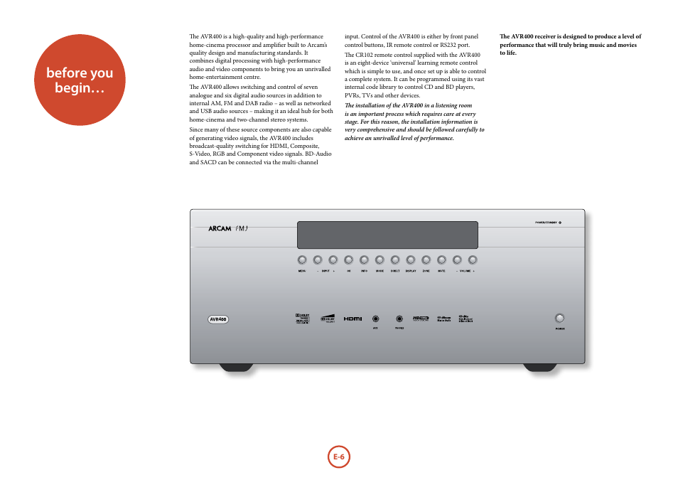 Before you begin | Arcam AVR	surround	amplifier AVR400 User Manual | Page 8 / 68