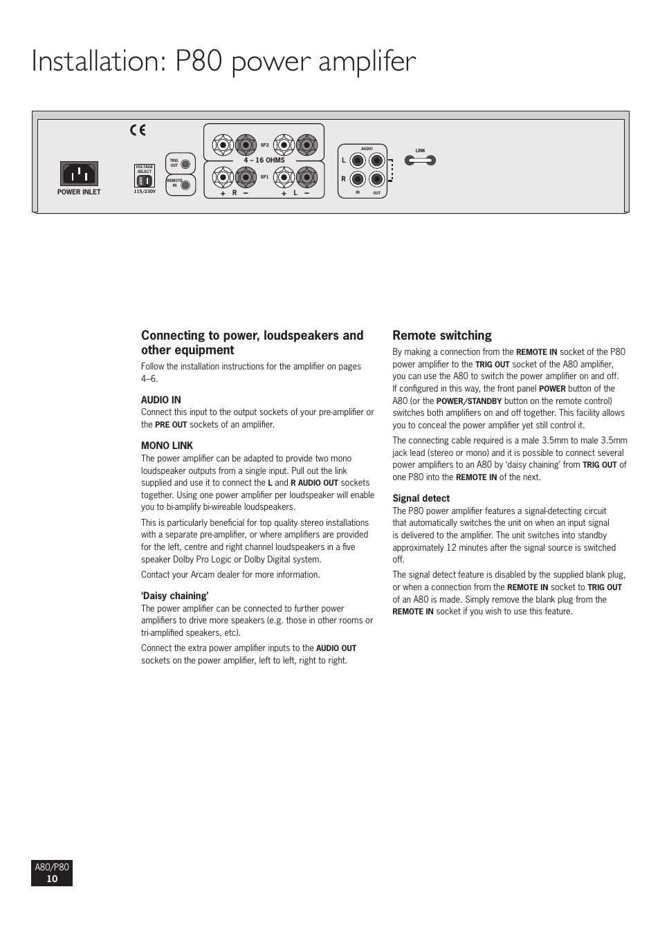 Installation: p80 power amplifer, Remote switching | Arcam A80 User Manual | Page 10 / 60