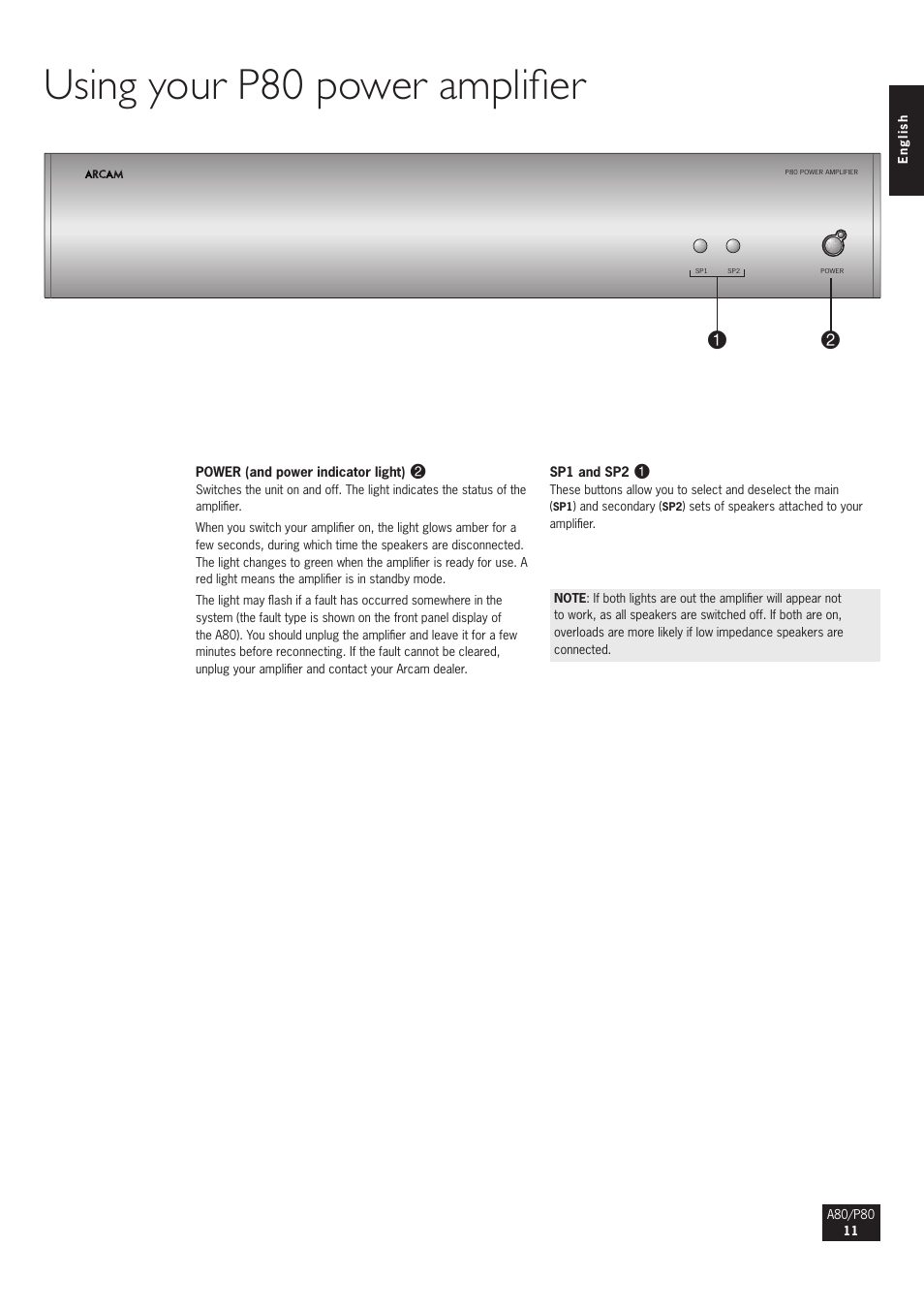 Using your p80 power amplifier | Arcam A80 User Manual | Page 11 / 60