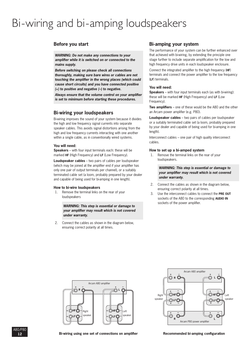 Bi-wiring and bi-amping loudspeakers, Before you start, Bi-wiring your loudspeakers | Bi-amping your system | Arcam A80 User Manual | Page 12 / 60