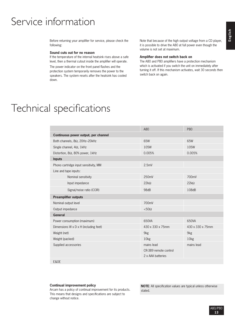 Service information, Technical specifications | Arcam A80 User Manual | Page 13 / 60